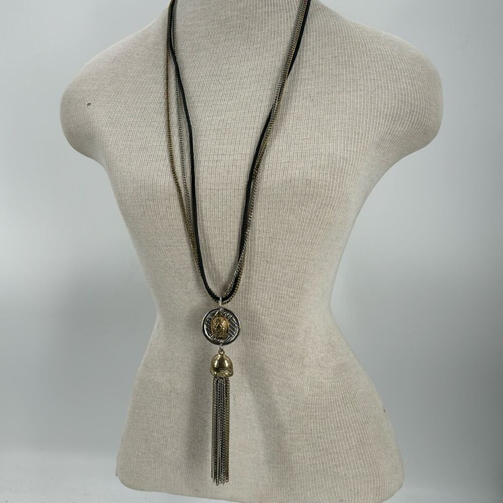 Chicos medallion tassel gold and silver long statement necklace